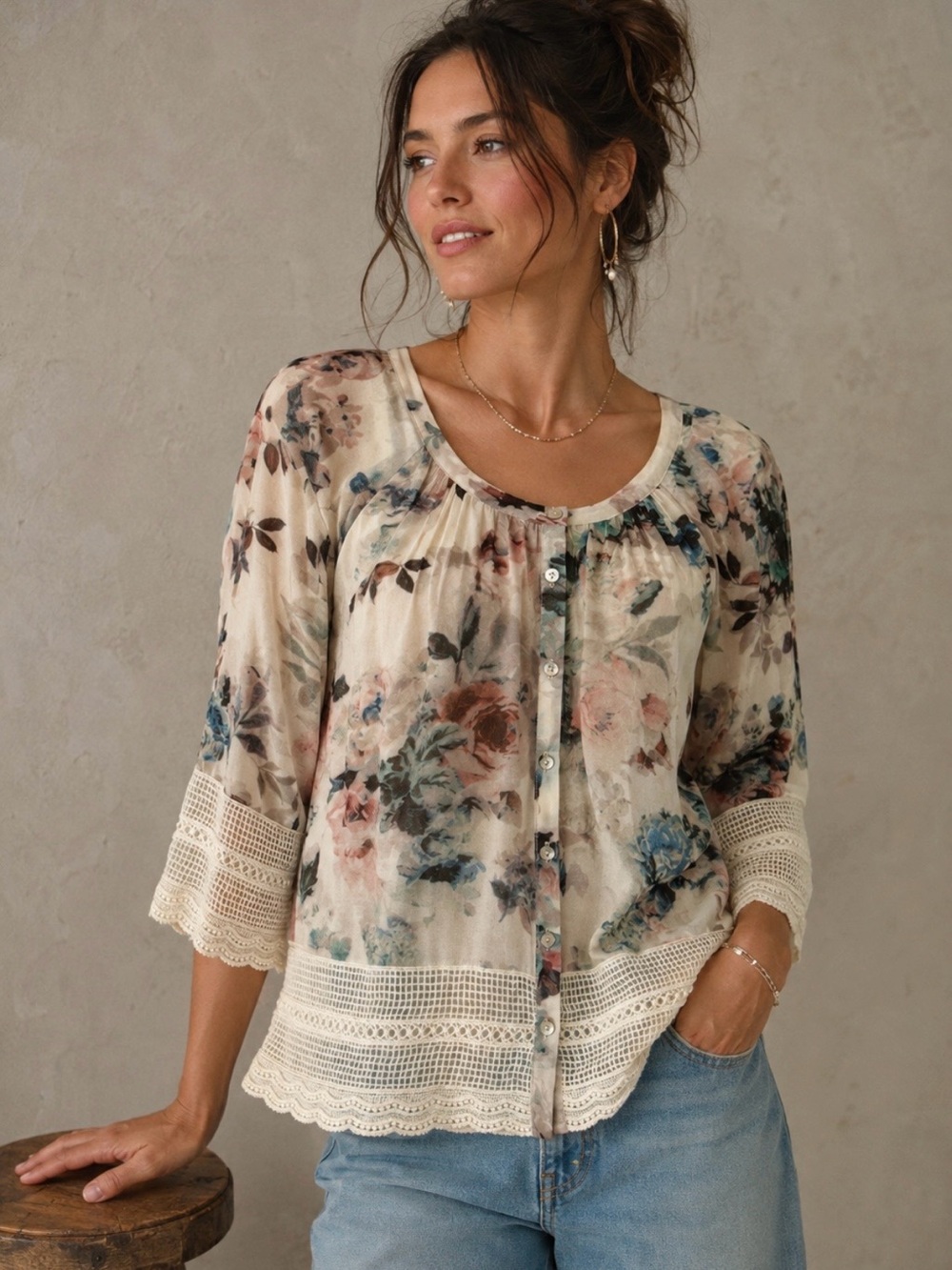 Meadow‎ Rue Anthro 3/4 Sleeve Sheer Floral Lace Edge Blouse Size Small